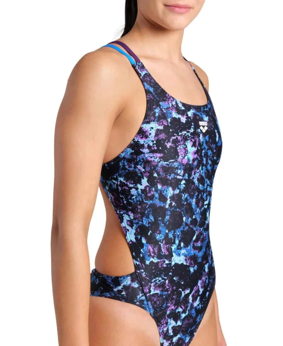 Arena Women's Rockin Swim Tech multi-back swimsuit in water blue and plum, featuring a vibrant, supportive design for swimming.