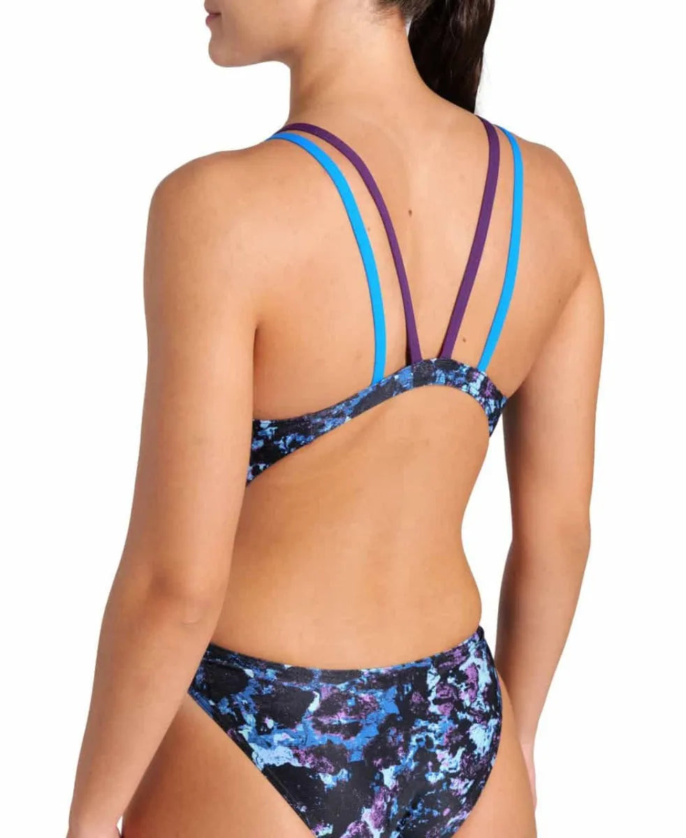 Arena women's Rockin Swim Tech swimsuit featuring a colorful multi-back design in blue, water, and plum shades.