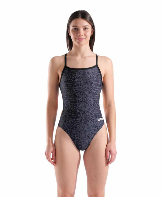 Arena women's snakeskin challenge back swimsuit in black with team black pattern, featuring a sleek, supportive design for swimming. 982
