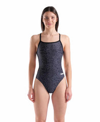 Arena women's snakeskin challenge back swimsuit in black with team black pattern, featuring a sleek, supportive design for swimming.