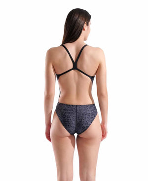 Arena women's snakeskin challenge back swimsuit in black and team black, featuring a sleek snakeskin pattern and athletic fit.