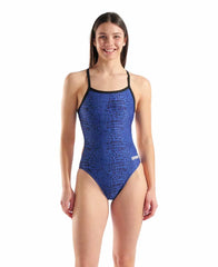 Arena women's snakeskin challenge back swimsuit in black and team royal, featuring a sleek design and supportive fit.