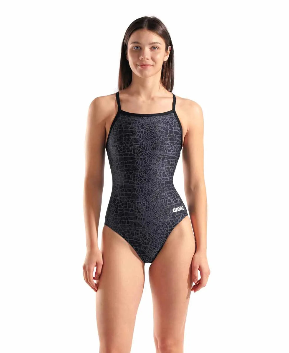 Arena women's snakeskin lightdrop back swimsuit in black and team black, featuring a sleek design and comfortable fit.