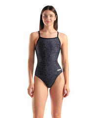 Arena women's snakeskin lightdrop back swimsuit in black and team black, featuring a sleek design and comfortable fit.