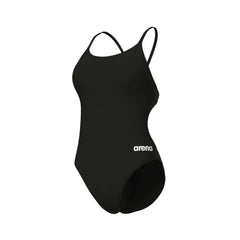 Black Arena women's solid lace-back swimsuit with a sleek design, perfect for swimming and beachwear.