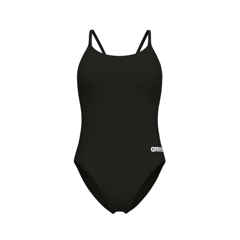 Black Arena women's solid lace-back swimsuit with stylish design, suitable for swimming and beachwear.