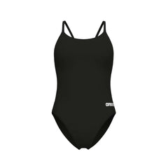 Black Arena women's solid lace-back swimsuit with stylish design, suitable for swimming and beachwear.