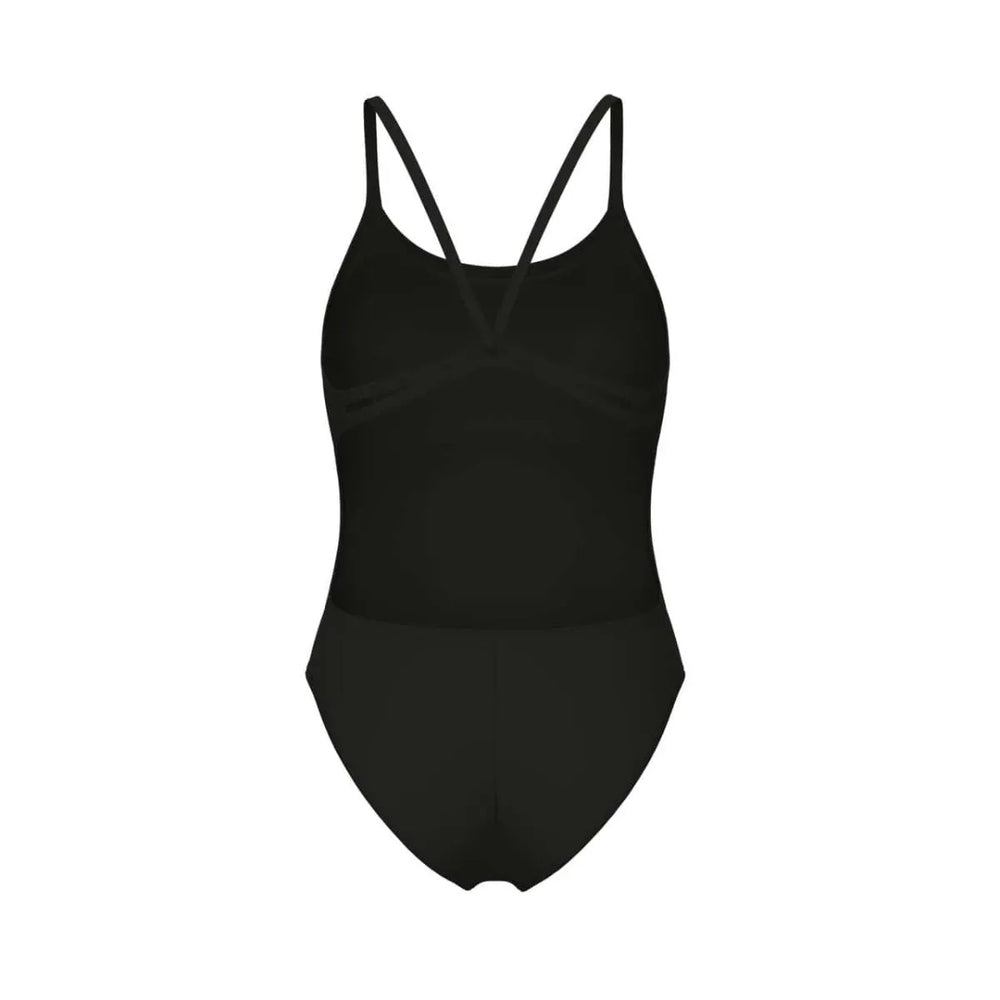 Black Arena women's solid lace-back swimsuit with stylish design and comfortable fit, perfect for swimming and beachwear.