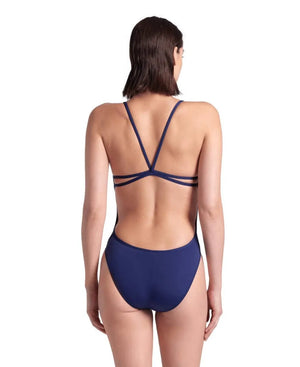 Navy Arena women's solid lace-back swimsuit, showcasing a sleek design with supportive straps and a stylish back detail.