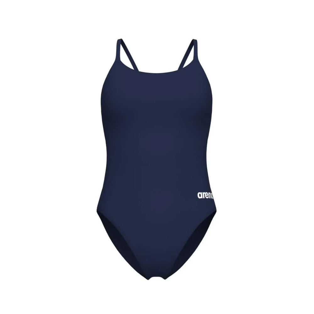 Navy Arena women's solid lace-back swimsuit with sleek design and supportive fit, perfect for swimming and beachwear.