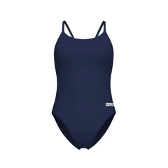 Navy Arena women's solid lace-back swimsuit with sleek design and supportive fit, perfect for swimming and beachwear.