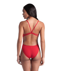 Red Arena women's solid lace-back swimsuit featuring a sleek design and comfortable fit, ideal for swimming and beach wear.