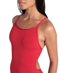Red Arena women's solid lace-back swimsuit featuring a stylish design and comfortable fit, perfect for swimming and beachwear.