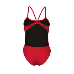 Red Arena women's lace-back swimsuit with solid design, featuring a stylish lace detail on the back.