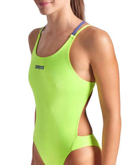 Arena women's solid Swim Tech multi-back swimsuit in Arctic Lime and Future Dusk, featuring a vibrant, supportive design for swim training