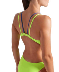 Arena women's Solid Swim Tech multi-back swimsuit in Arctic Lime and Future Dusk, displaying vibrant colors and a sleek design.