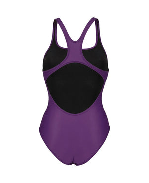 Arena women's solid Team Swim Pro swimsuit in plum and white, featuring a sleek, fitted design perfect for competitive swimming.