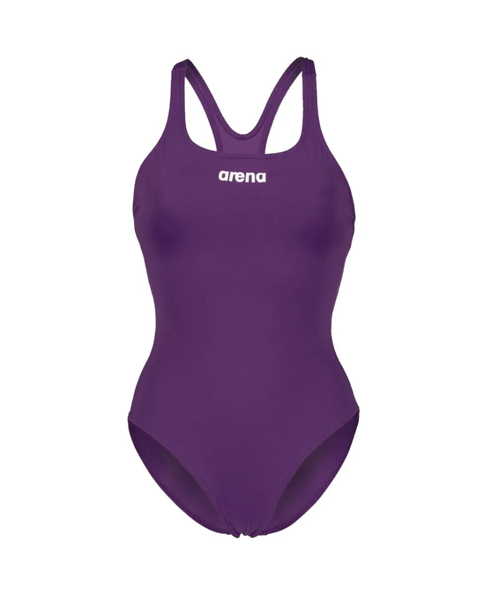 Arena Women's Solid Team Swim Pro swimsuit in plum and white, featuring a sleek, fitted design ideal for competitive swimming.