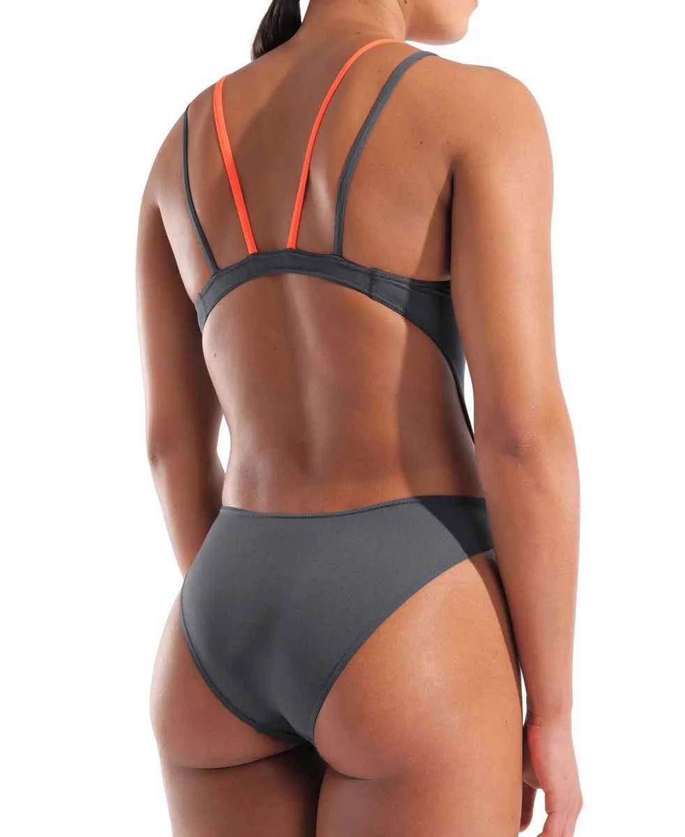 Arena women's solid tech back swimsuit in asphalt and bright coral, featuring sleek design and supportive fit.