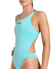 Arena women's solid tech back swimsuit in water navy color, featuring a sleek design and supportive fit for swimming.