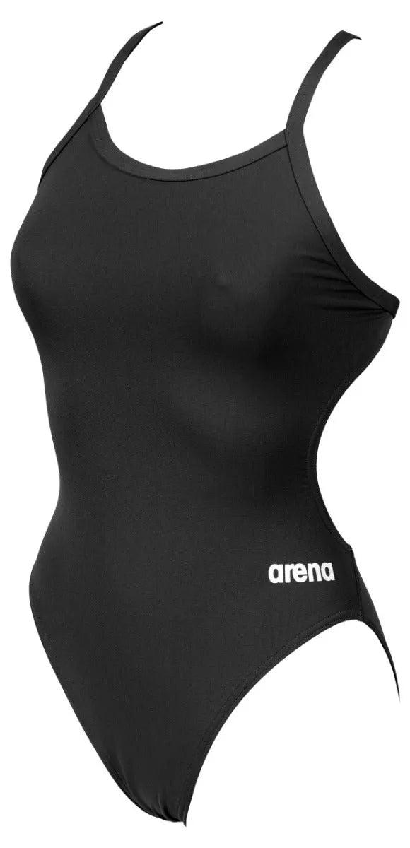 Black Arena Women's Team Challenge Solid Swimsuit, sporty one-piece swimsuit designed for competitive swimming and training.