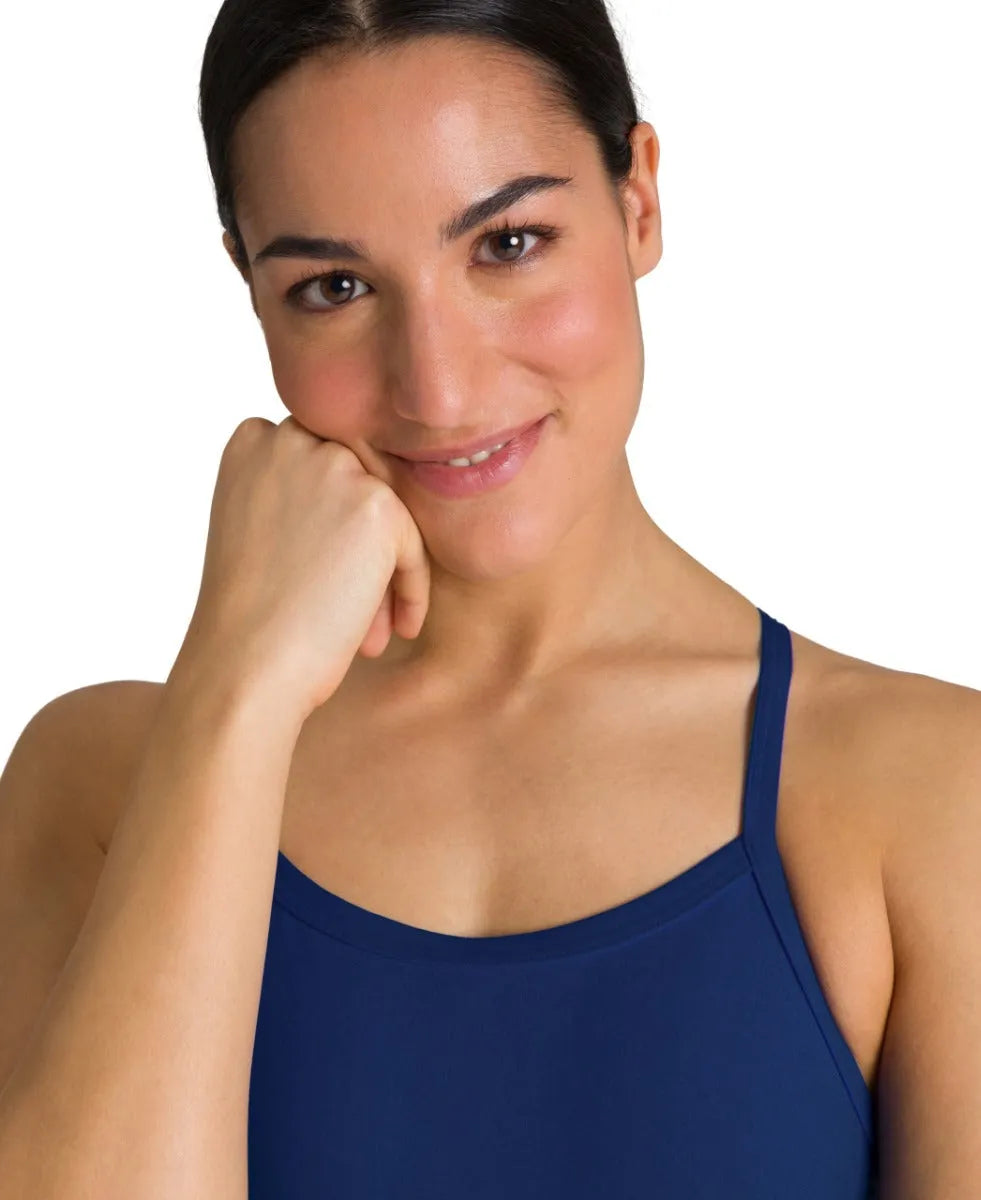 Blue Arena Women's Team Challenge Solid Swimsuit, front view showing sleek swimwear design and fit for competitive swimming.
