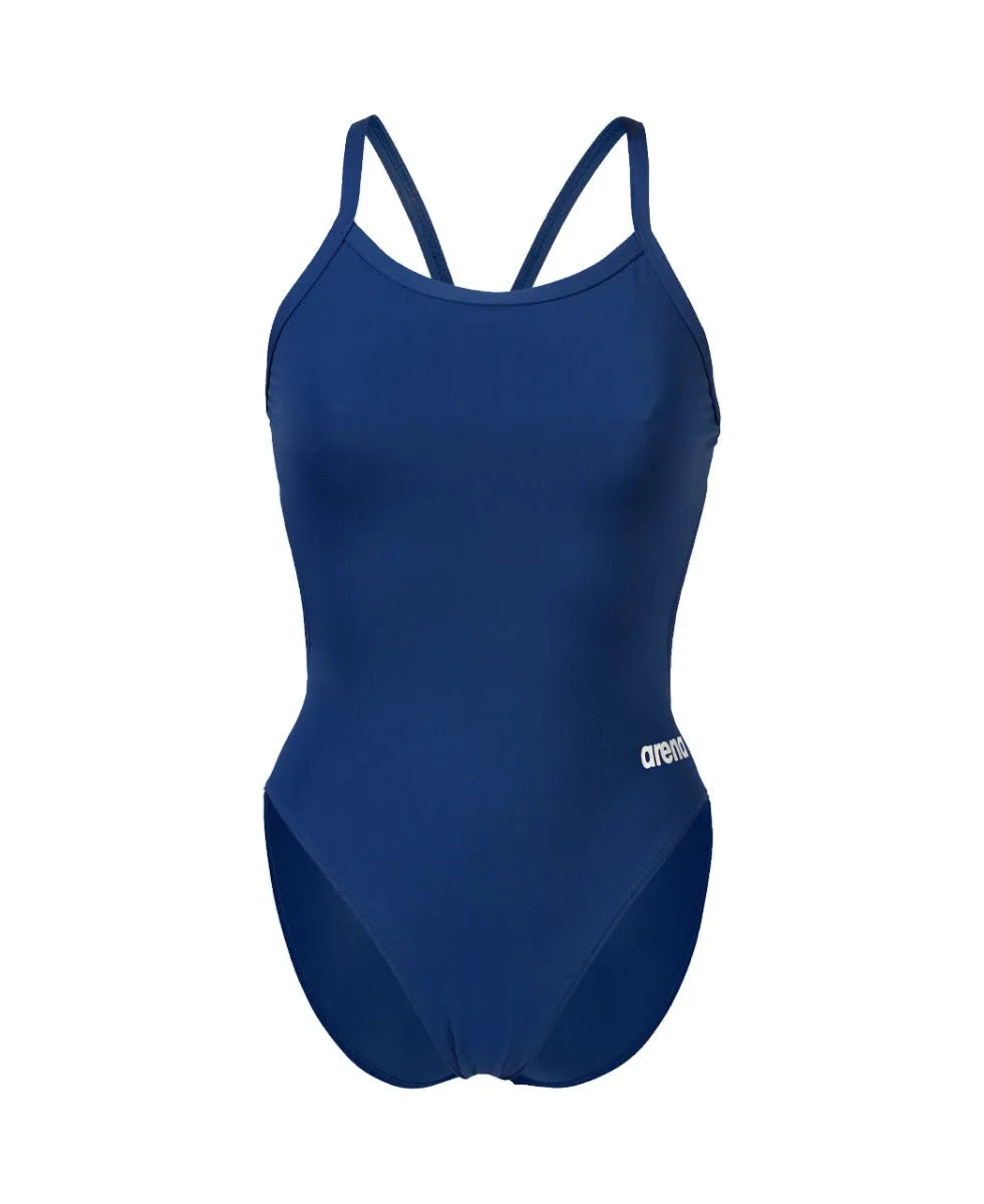 Arena Women's Team Challenge Solid Swimsuit in navy, featuring a sleek, one-piece design with supportive straps and smooth fabric.
