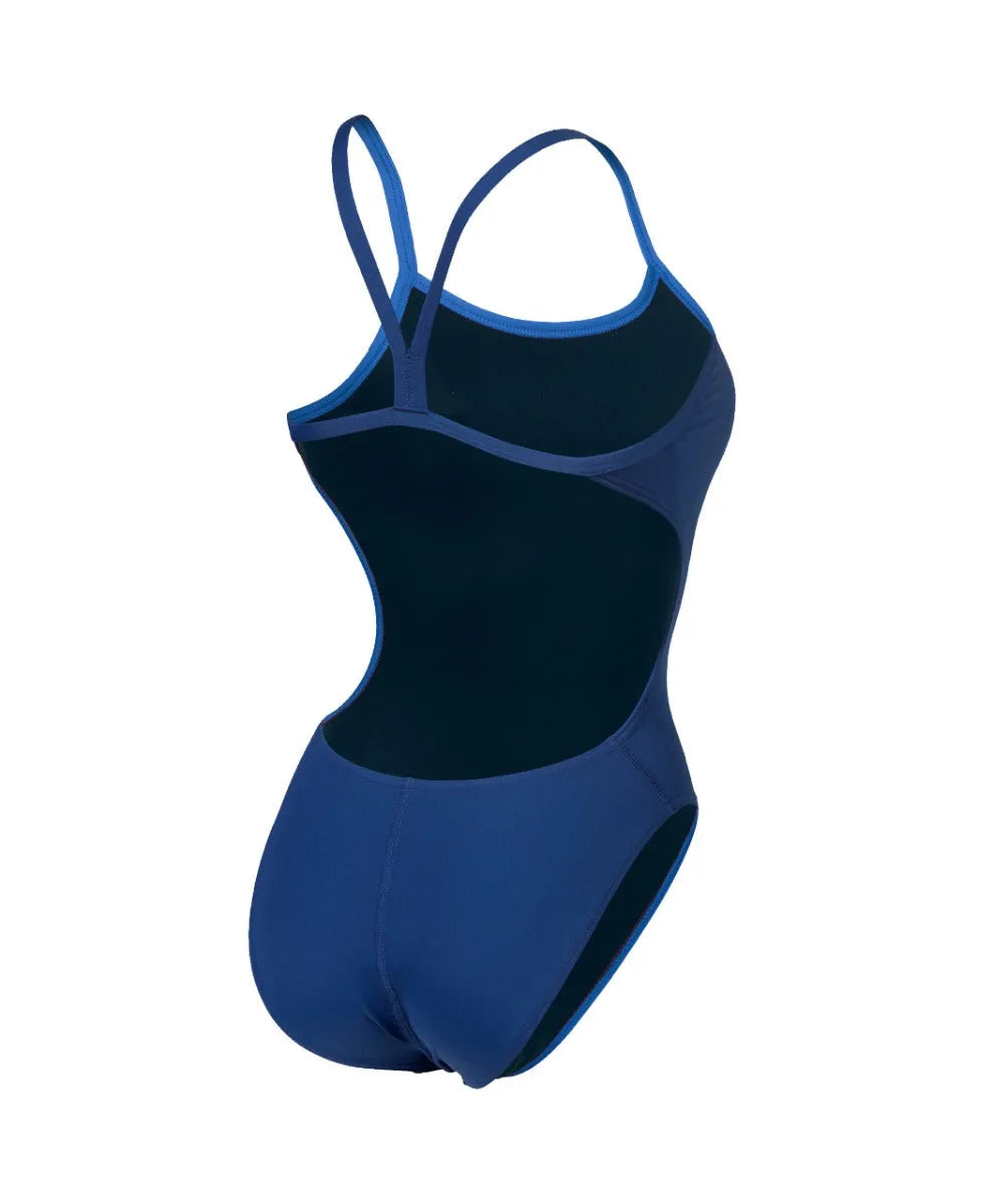 Navy Arena Women's Team Challenge Solid Swimsuit displayed on a mannequin, showcasing its sleek, sporty design for competitive swimming.
