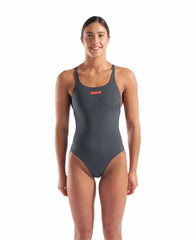 Arena women's Team Swim Pro Back solid swimsuit in asphalt and bright coral, featuring a sleek design and comfortable fit.