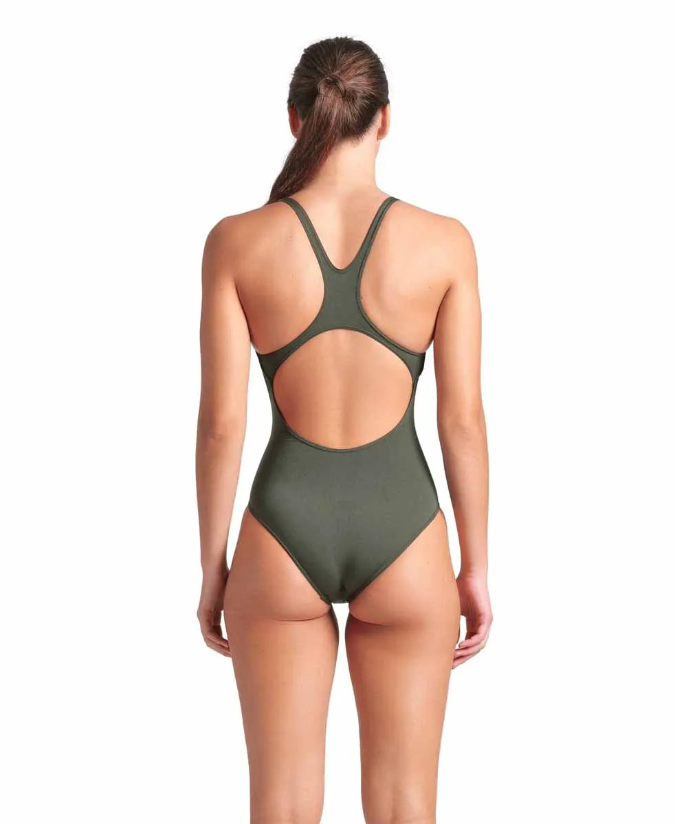 Arena women's Team Swim Pro Back solid swimsuit in dark sage and Arctic lime, featuring a sleek, supportive design for swimming.