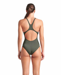 Arena women's Team Swim Pro Back solid swimsuit in dark sage and Arctic lime, featuring a sleek, supportive design for swimming.