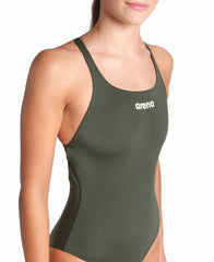 Arena women's Team Swim Pro Back solid swimsuit in Dark Sage and Arctic Lime, featuring a sleek swimwear design with supportive back.
