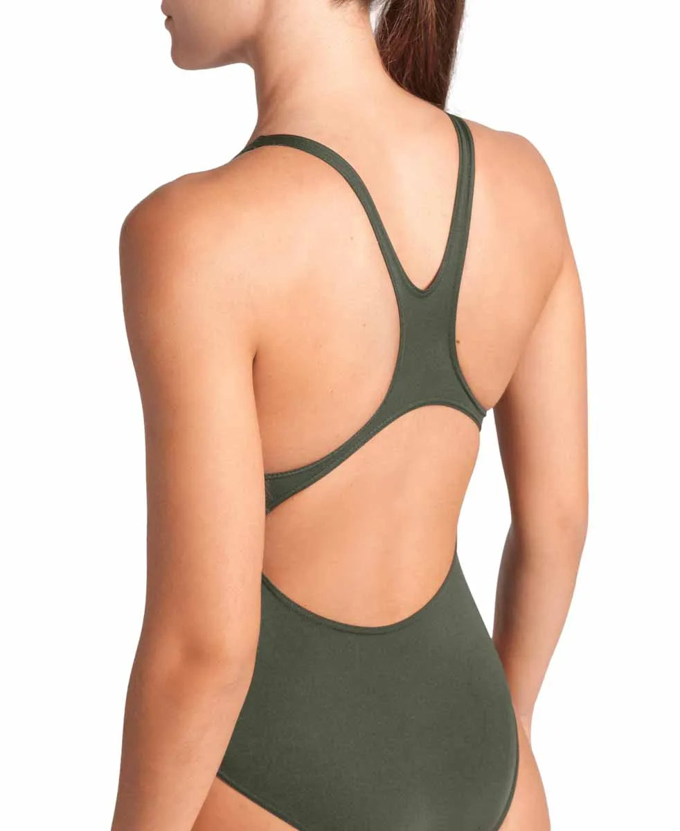 Arena women's Team Swim Pro Back solid swimsuit in dark sage and Arctic lime, featuring a sleek design and supportive fit.