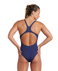 Arena Women's Team Swim Pro solid navy swimsuit, sleek and fitted swimwear designed for competitive swimming and training.