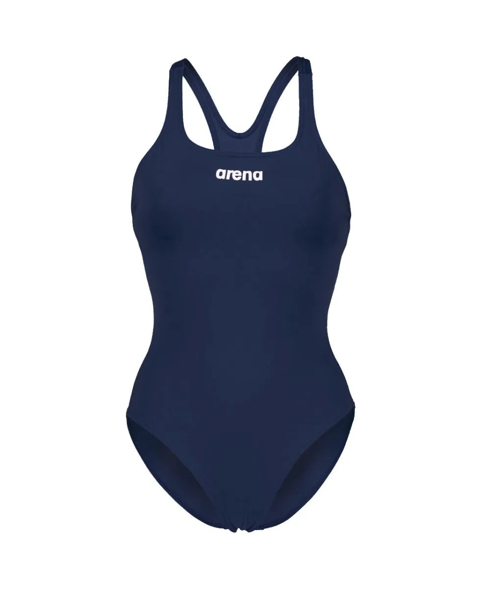 Arena Women's Team Swim Pro Solid Swimsuit in navy, athletic one-piece swimsuit with streamlined design and supportive fit.