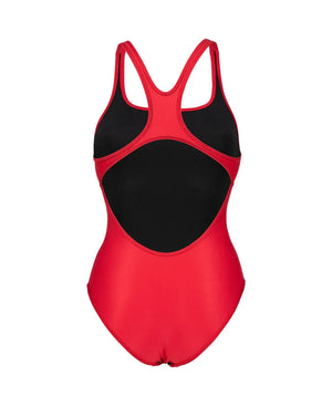 Red Arena Women's Team Swim Pro solid swimsuit displayed on a model, designed for competitive swimming and training.