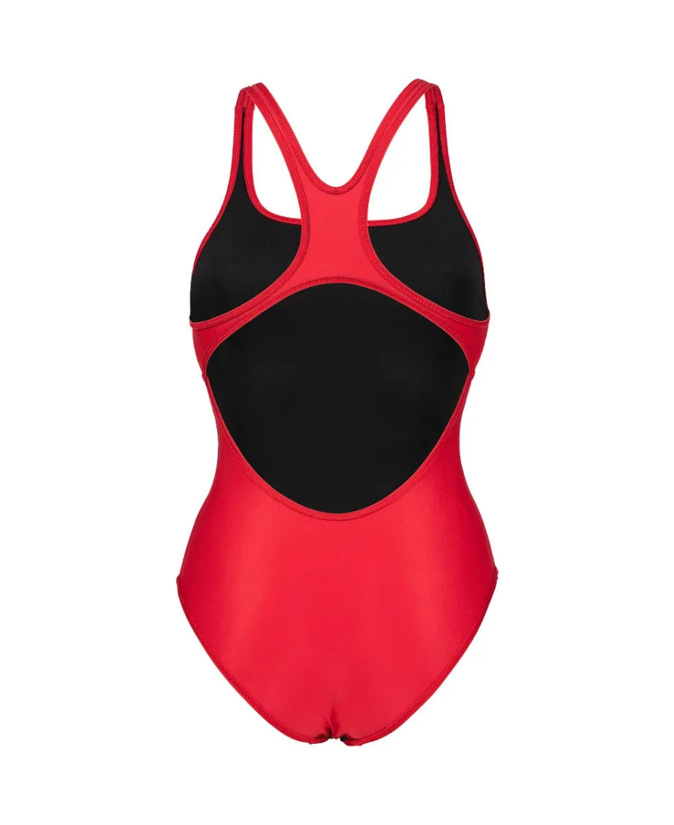 Red Arena Women's Team Swim Pro solid swimsuit displayed on a model, designed for competitive swimming and training.