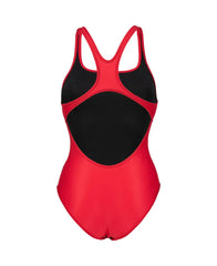 Red Arena Women's Team Swim Pro solid swimsuit displayed on a model, designed for competitive swimming and training.