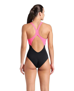 Arena women's Dreamhline V-back swimsuit in black and shocking pink, featuring a sleek design and supportive fit.