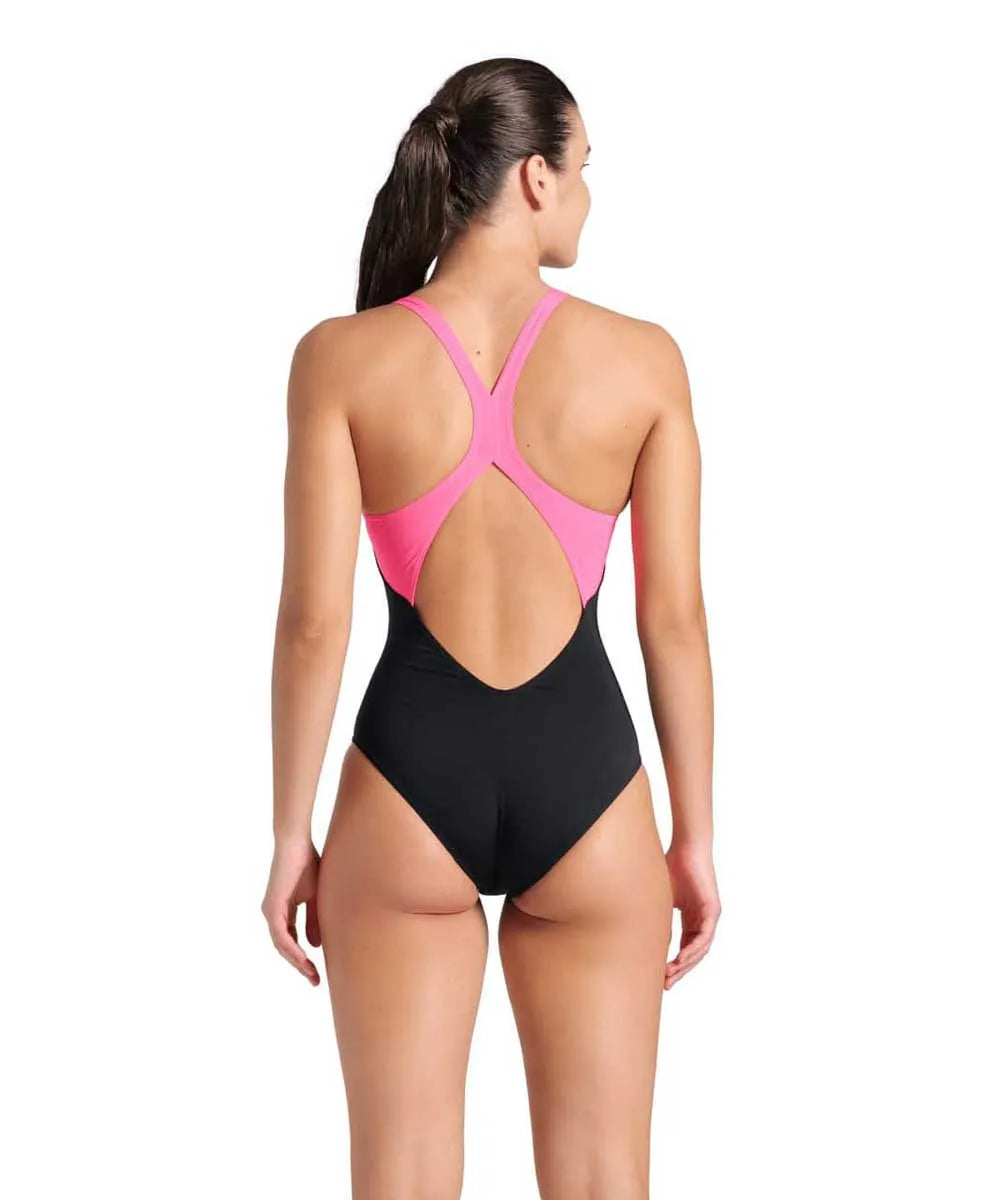 Arena women's Dreamhline V-back swimsuit in black and shocking pink, featuring a sleek design and supportive fit.