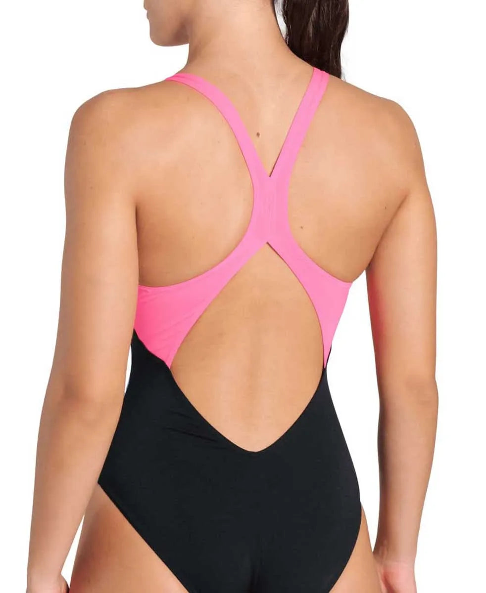 Arena women's Dreamhline V-back swimsuit in black and shocking pink, featuring sleek design and comfortable fit.