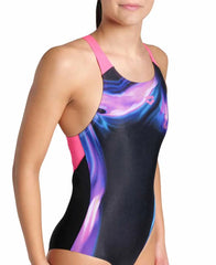 Arena Women's Dreamhline V-back swimsuit in black with shocking pink accents, featuring a sleek design and supportive fit.
