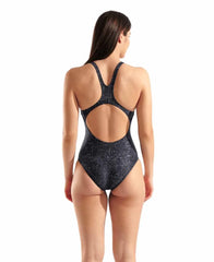 Arena women's ribbed swim pro back swimsuit in black multi, featuring a sleek design and supportive fit for active swimming.
