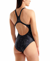 Arena women's ribbed swim pro back swimsuit in black multi, featuring a supportive fit and stylish design for active swimming.