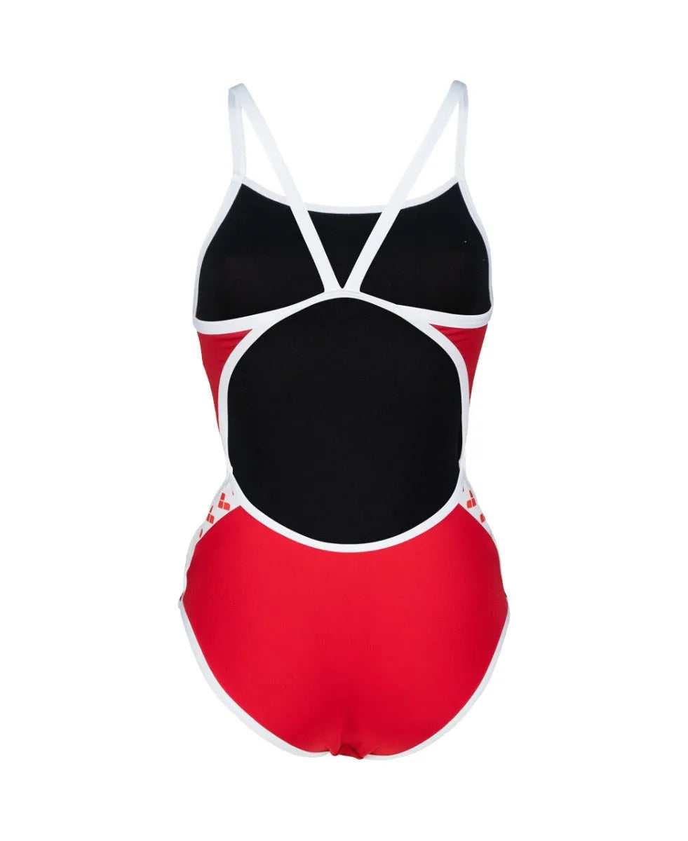 Red Arena Women's Icon Super Fly swimsuit, sleek one-piece design with sporty straps, ideal for swimming and training.