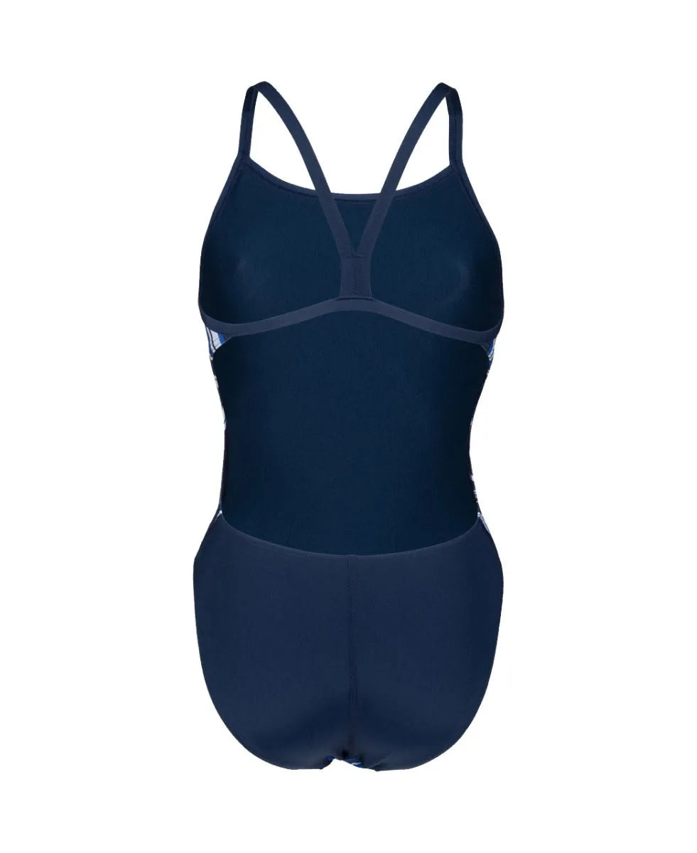 Arena Women's Challenge Back Marbled Swimsuit in navy, displaying the stylish back design and marbled pattern.