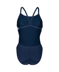 Arena Women's Challenge Back Marbled Swimsuit in navy, displaying the stylish back design and marbled pattern.