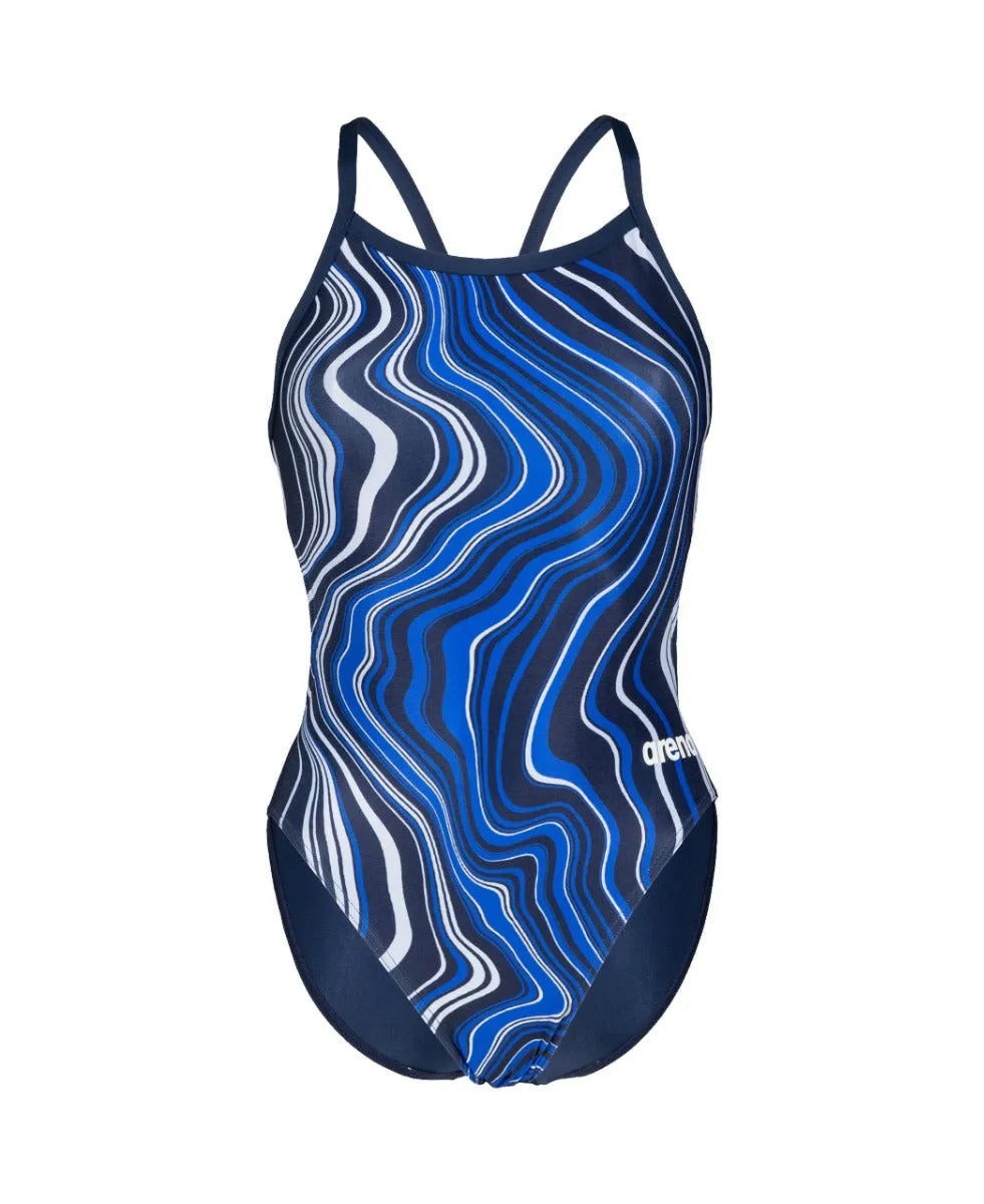 Arena women's Challenge Back marbled navy swimsuit featuring a stylish back design, perfect for swimming and water activities.