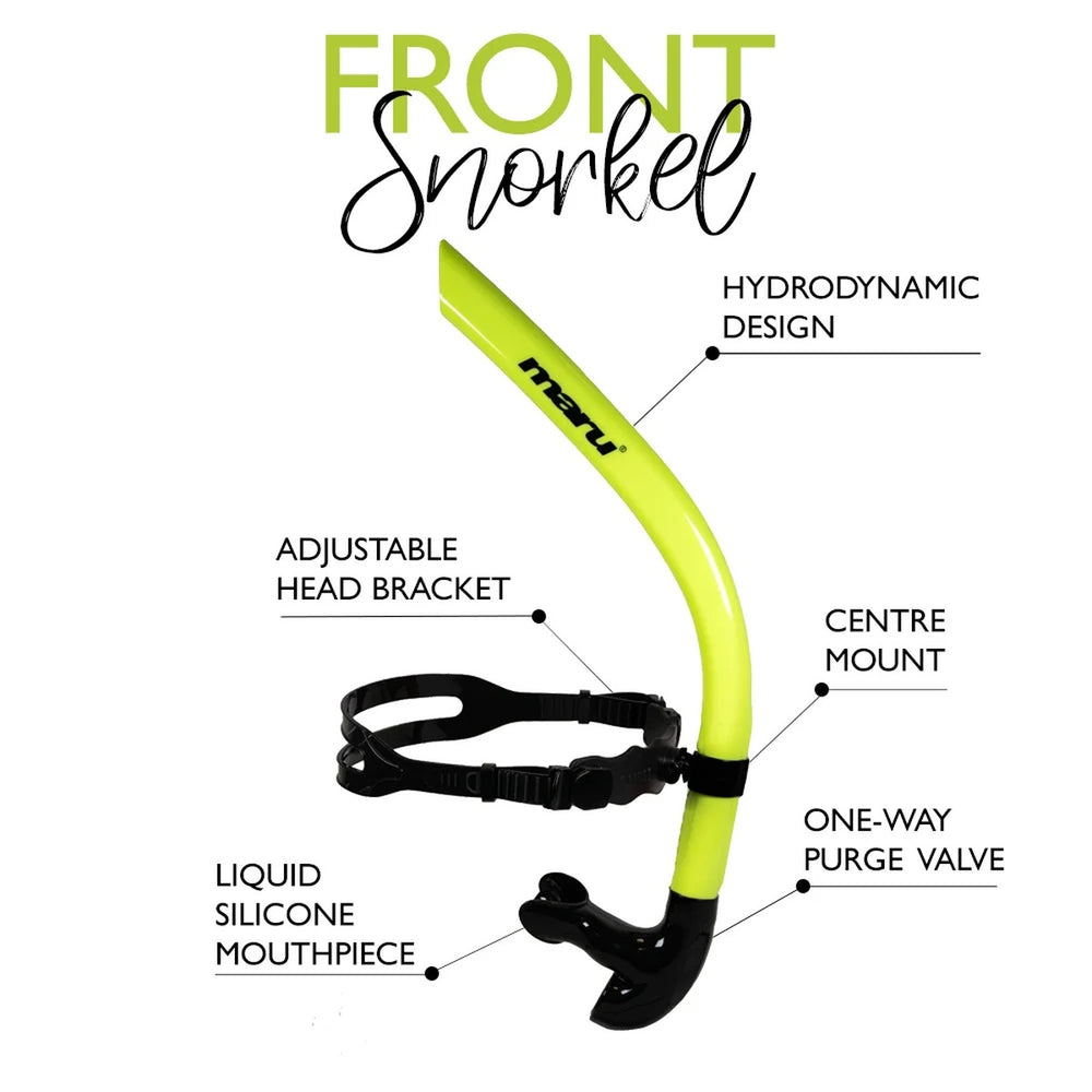 Maru front snorkel in lime color with adjustable mouthpiece and tube for snorkeling adventures.