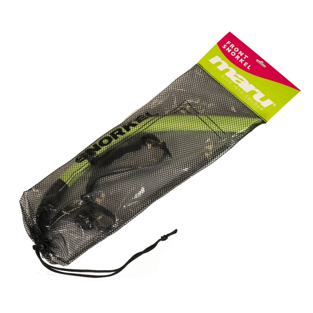 Maru Lime Front Snorkel showing bright green snorkel tube and mouthpiece for snorkeling gear.